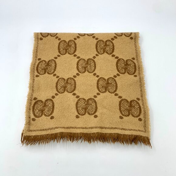 X15022 Gucci Brown Logo Jacquard Wool Fringe Scarf